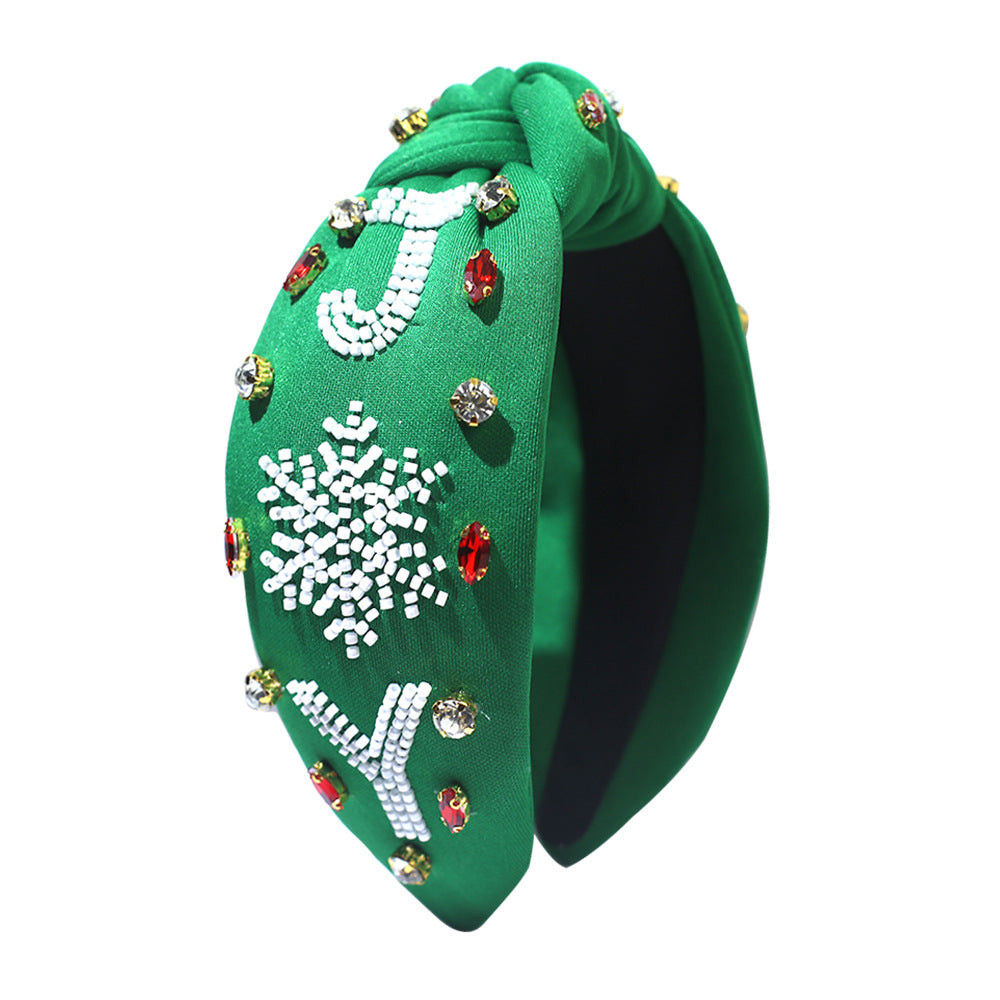 Wholesale Christmas Snowflake Rice Beads Rhinestone Wide Brim Fabric Headband